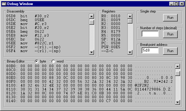 The debug window of the MK-85 emulator
