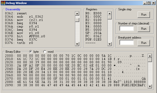 The debug window of the MK-87 emulator