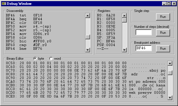 The debug window of the MK-90 emulator